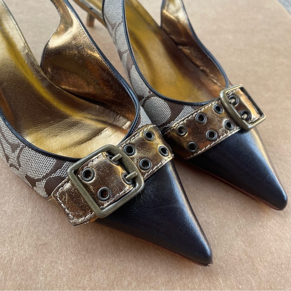 Coach Shoes - Rare Brigitte Gold Kitten Heals Size 8 - Picture 1 of 9